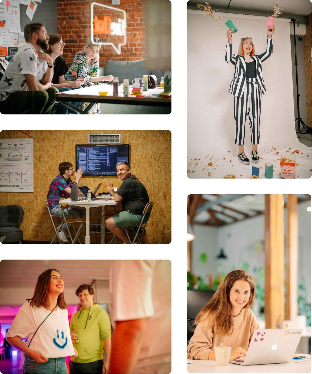 LiveChat® team members working and hanging out in the office