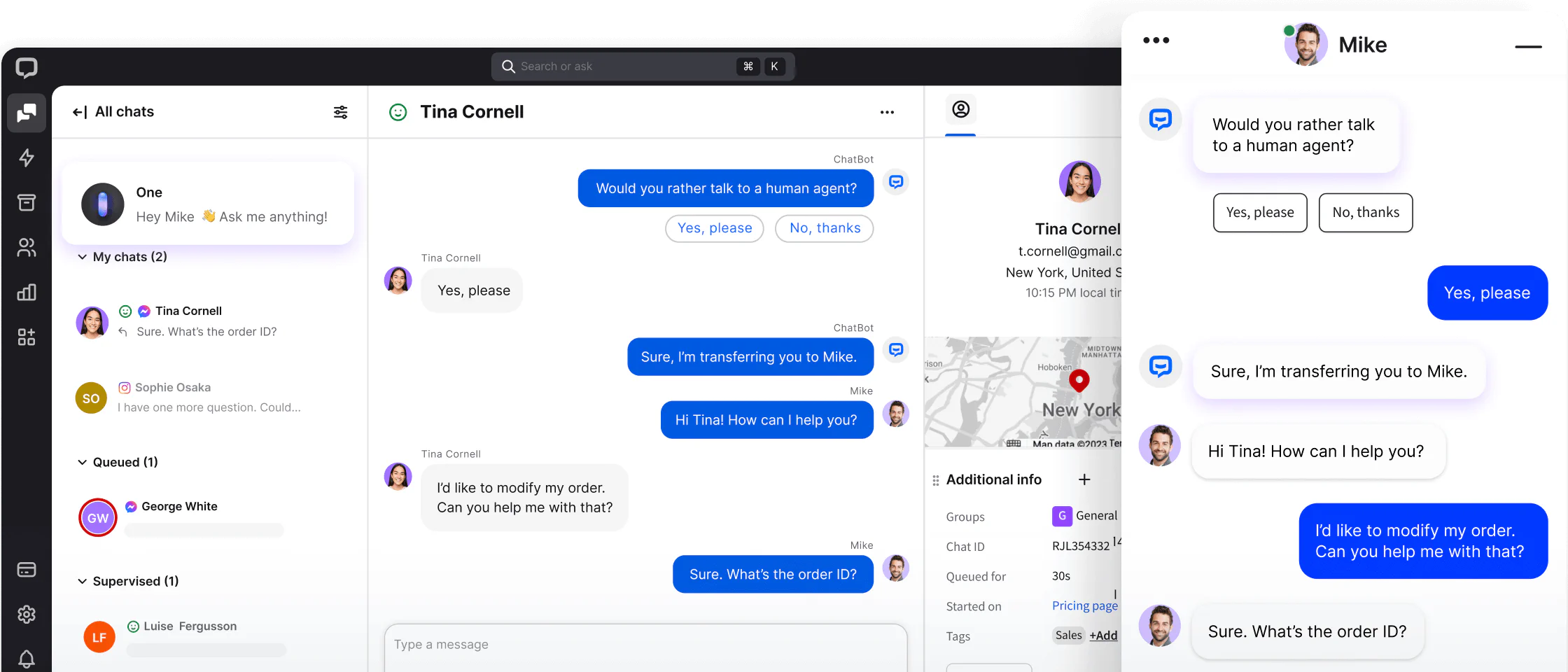 A view of LiveChat® application with ChatBot and what customers see when chatting