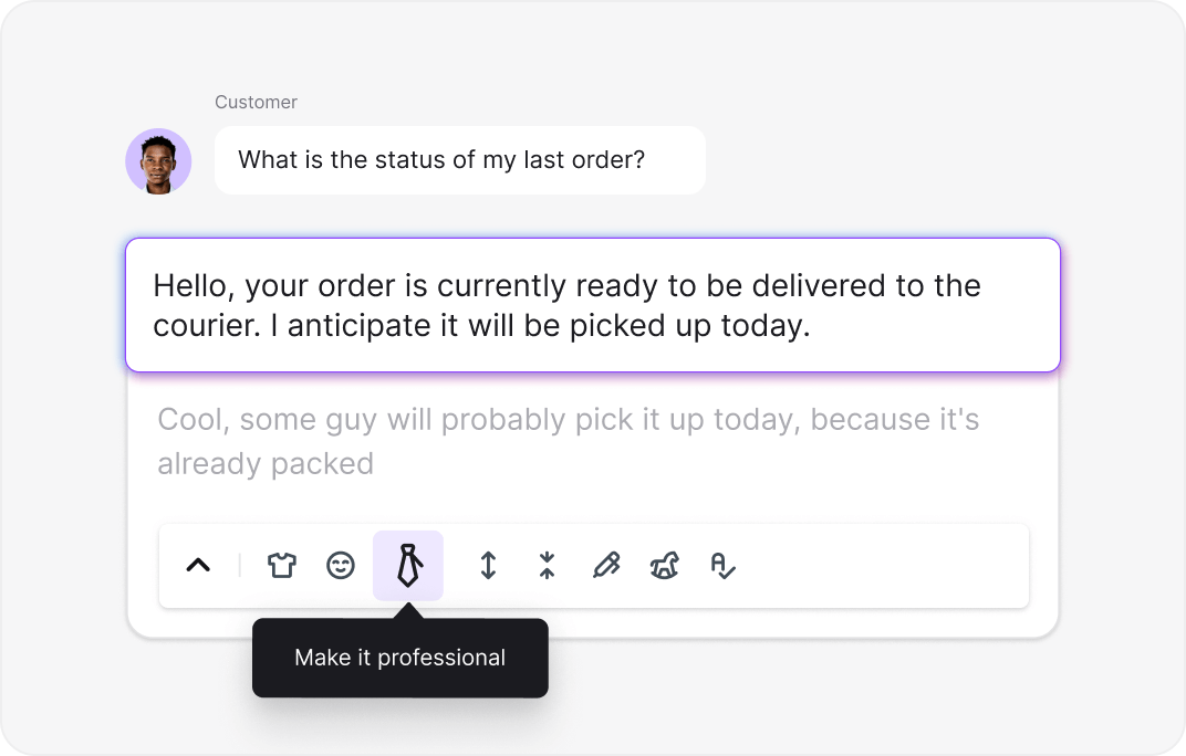 AI text enhancement tool adjusting message tone and style in LiveChat for Restaurants