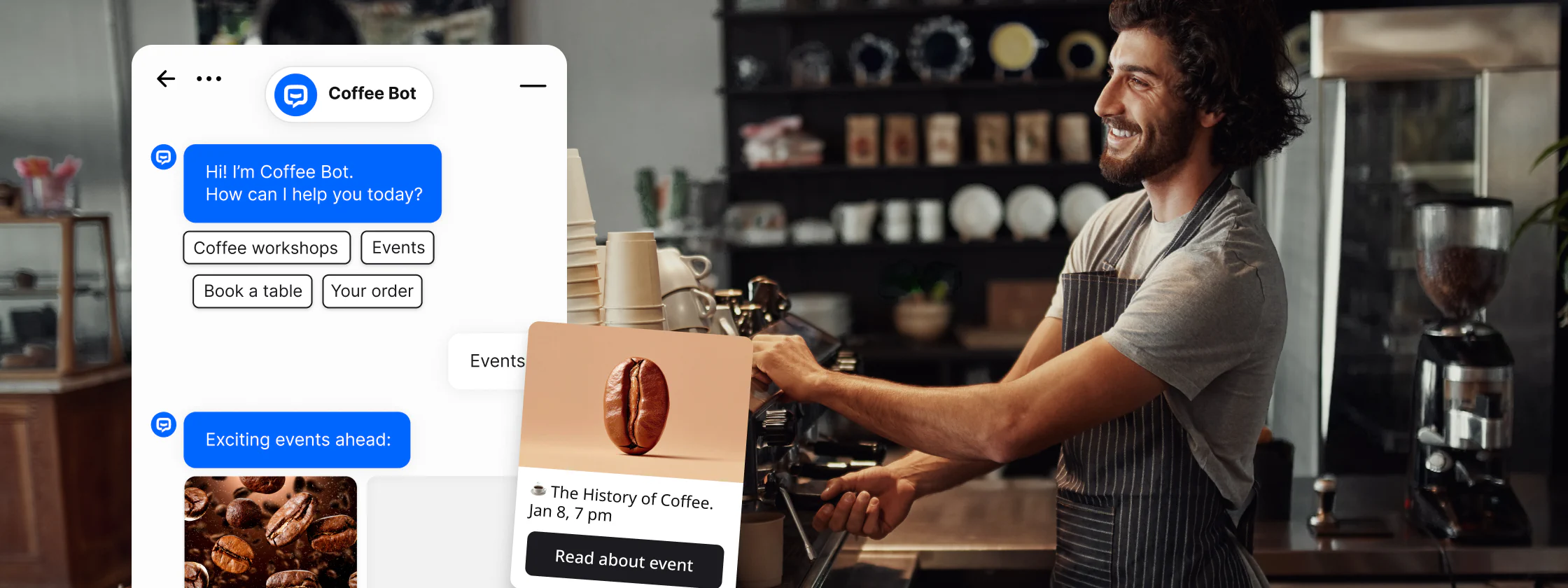 A person serving coffee in a coffee shop, while a chatbot works in the background, sending information about upcoming events to a customer.