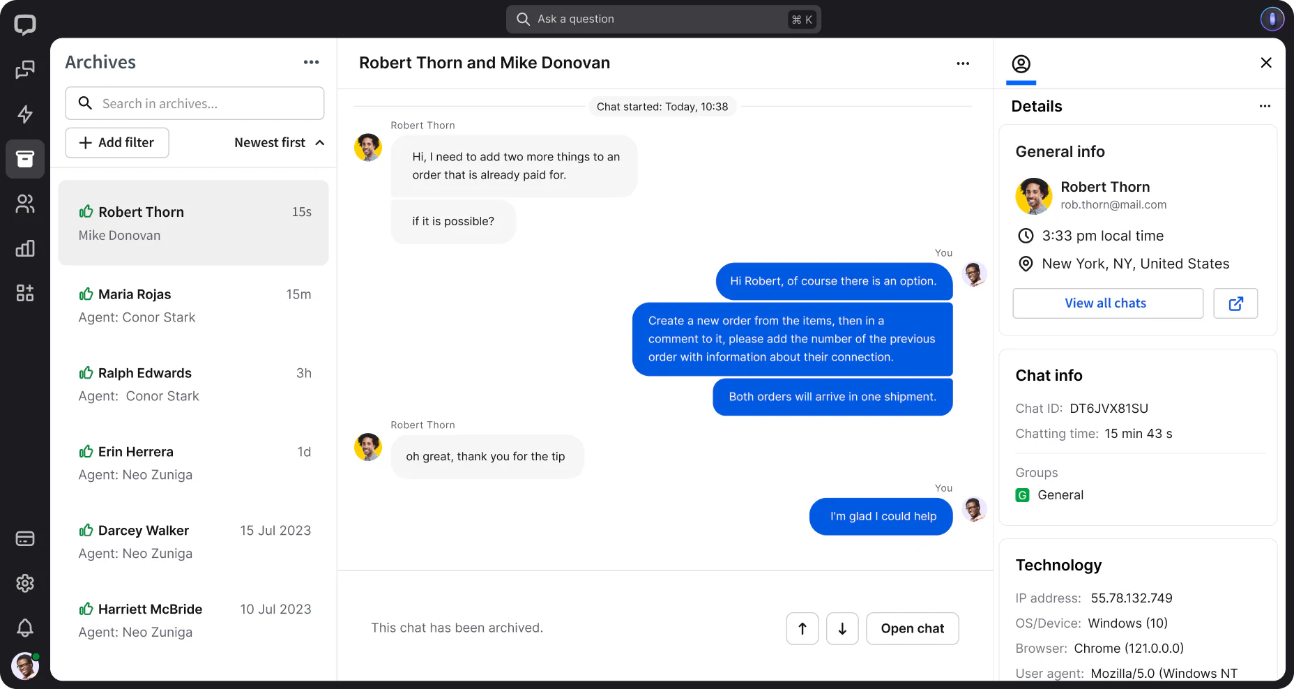A preview of the Chats section in the LiveChat® agent app, showcasing the archived chat list, chat feed, and customer details all at once.