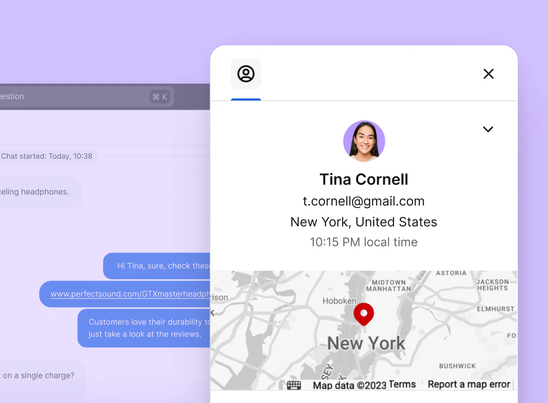 A preview of the customer details tab in the Chats section inside the LiveChat® agent app.