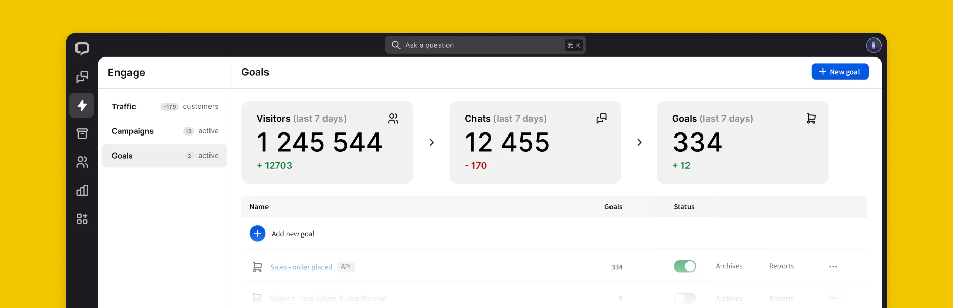 A preview of the Goals tab in the Engage section of the LiveChat® agent app.