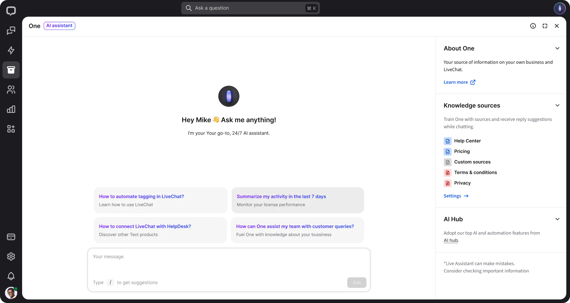 Copilot, your AI assistant, inside the LiveChat® app.