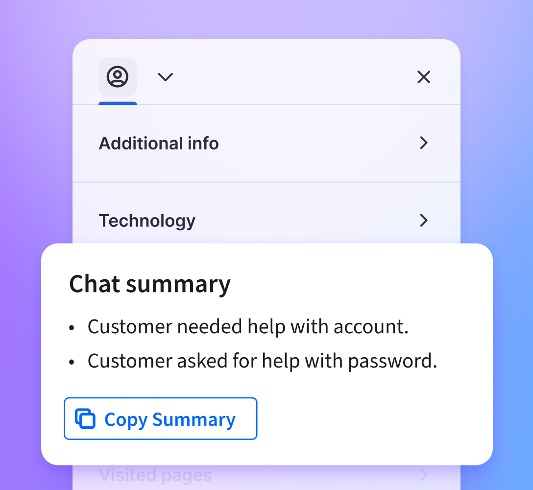 Chat summary feature inside the live chat app reviewing key points from the chat