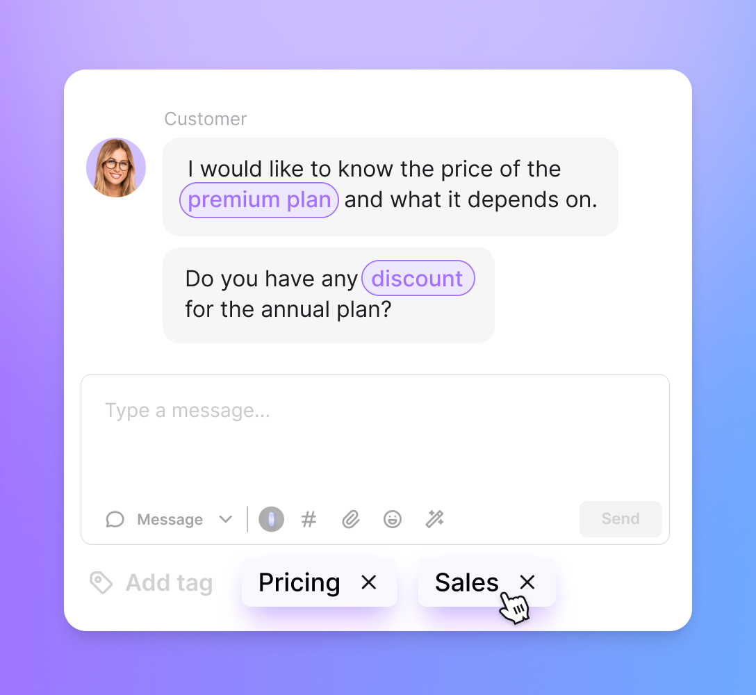 Tag suggestions feature inside the live chat app that simplifies workflow, relieving agents from manual tagging