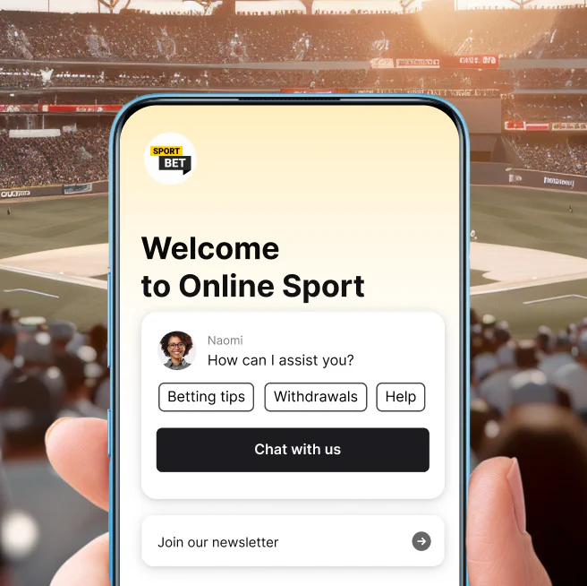 Phone showing LiveChat welcome screen during a live sports event for a customer placing a bet