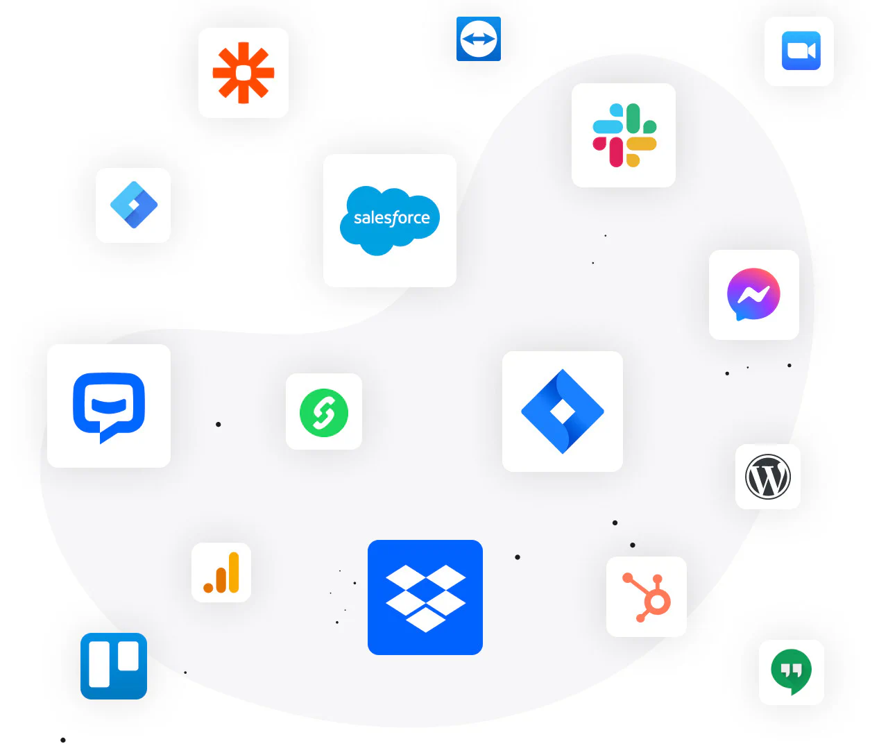 Logos of LiveChat® integrations for software companies: ChatBot, Team viewer, Google Hangouts, Facebook, Zapier, Wordpress, Trello, Slack, Dropbox, and more